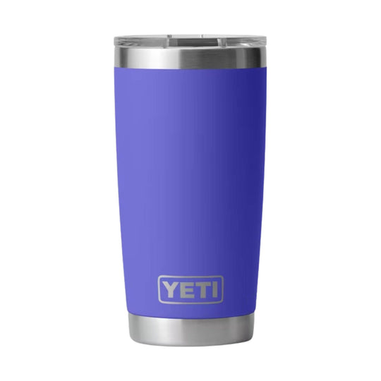Purple insulated tumbler with a stainless steel rim, base, and YETI logo