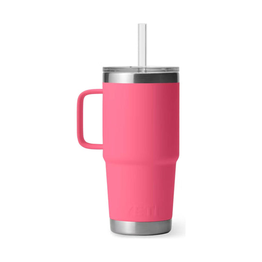 Pink handled tumbler with stainless steel top and clear straw