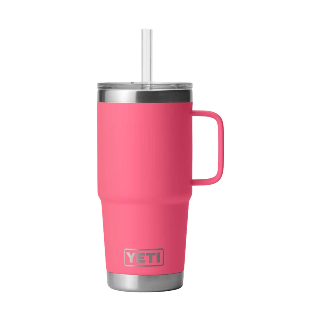Pink handled tumbler with a clear straw and stainless steel rim and base