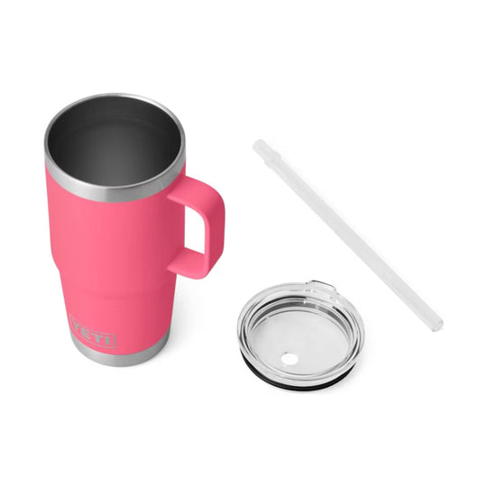 Pink insulated tumbler with a handle, clear lid, and straw