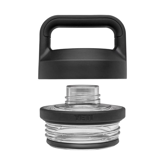 Clear water bottle with a black carry handle and screw-on cap shown above it