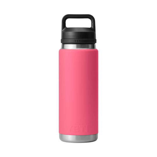Pink insulated bottle with a black handle cap and silver base
