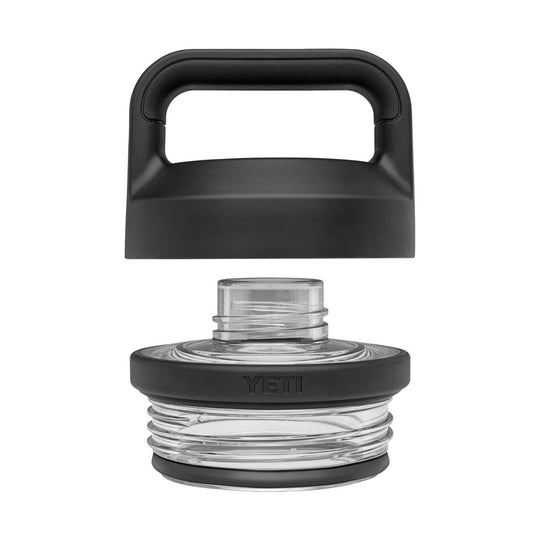 Clear water bottle with a black handle cap and black screw-top lid, shown in two pieces