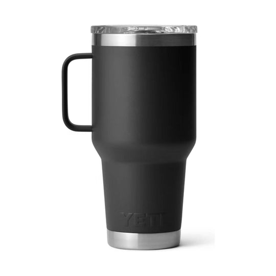 Black insulated travel mug with handle and stainless steel base