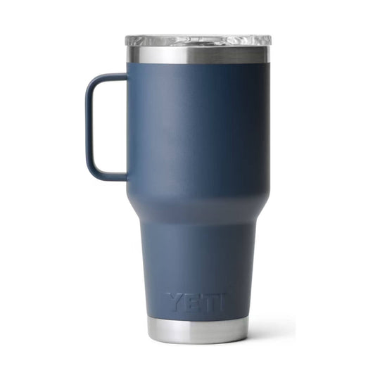 Blue insulated travel mug with handle and stainless steel lid