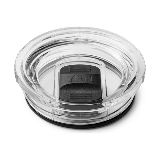 Clear lidded travel mug with black handle insert and YETI branding