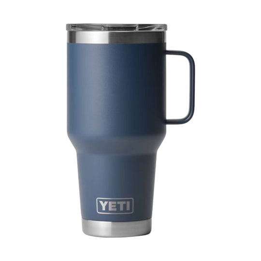 Blue stainless steel travel mug with a clear lid, metal base, and handle