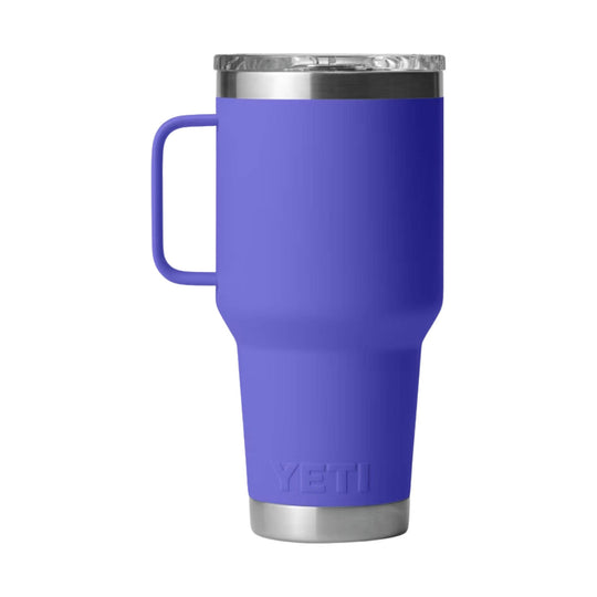 Purple insulated travel mug with handle and clear lid