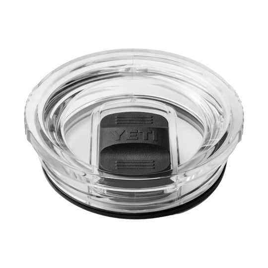 Clear travel mug lid with black sliding drink opening