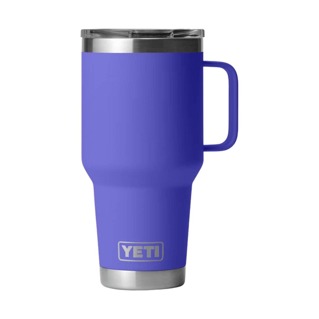 Purple insulated travel mug with a handle, stainless steel top and base, and YETI logo