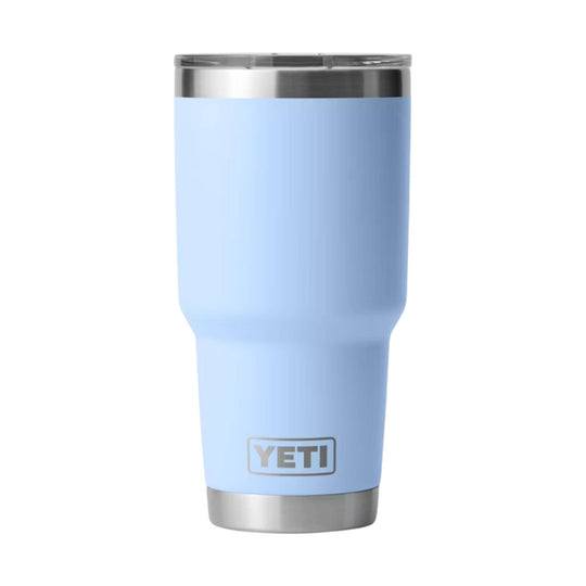 Light blue stainless steel insulated tumbler with a silver rim and base, shown front view