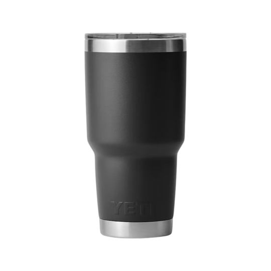 Black insulated tumbler with stainless steel rim and base, shown on a white background
