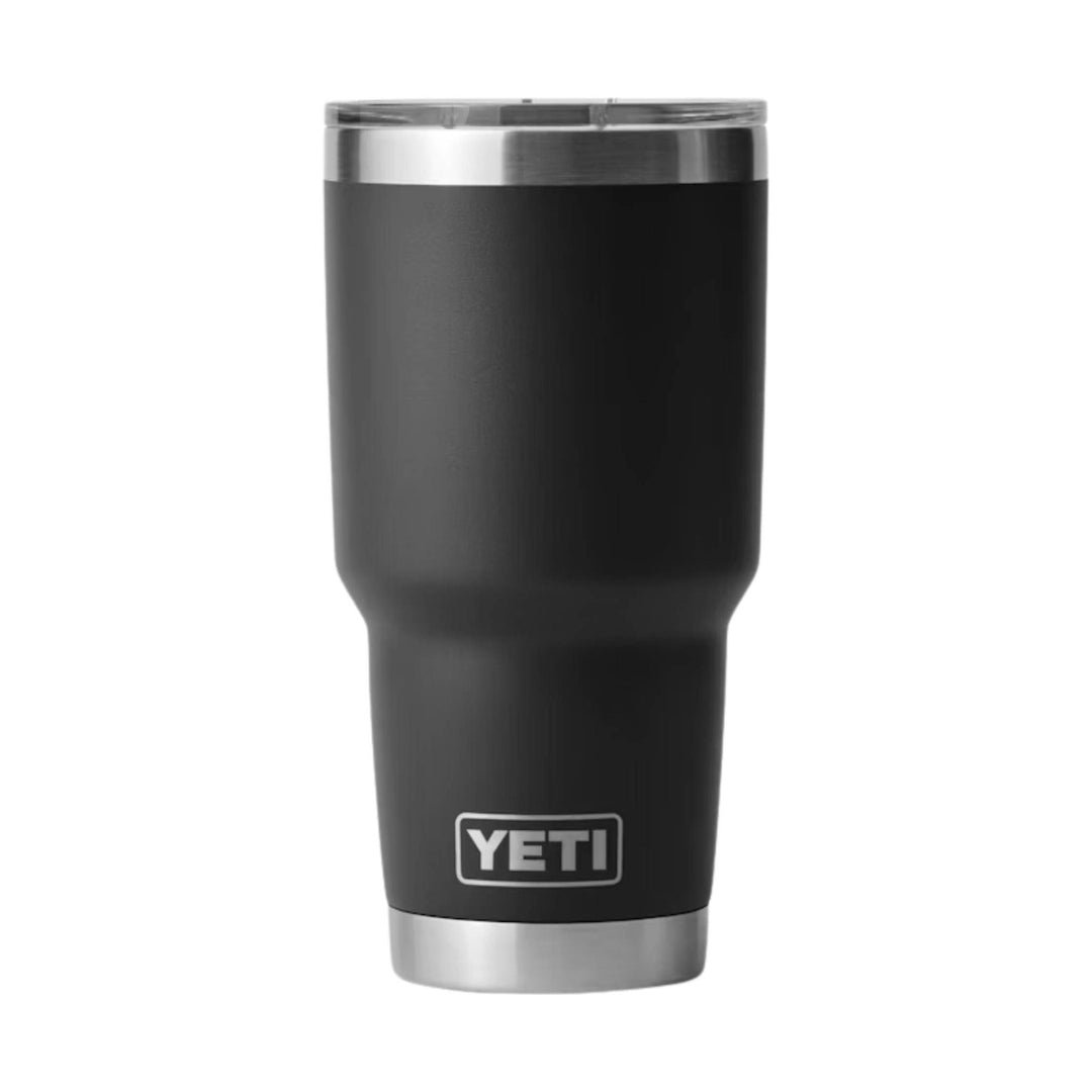 Black insulated tumbler with stainless steel rim and base, shown front view