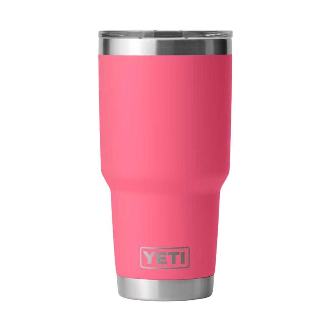 Pink insulated tumbler with stainless steel lid and base, shown front view