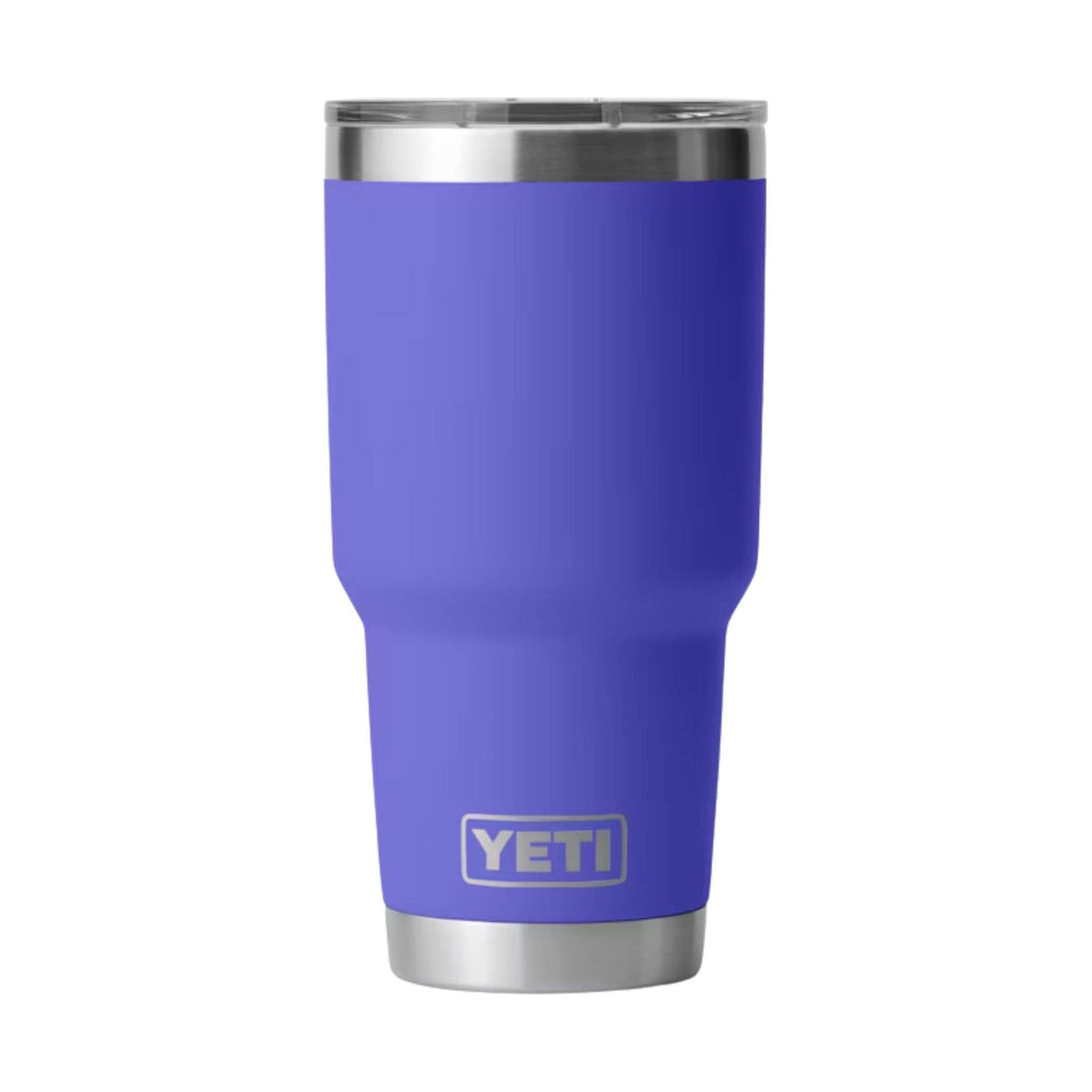 Purple stainless steel travel tumbler with a silver lid and base, shown front view