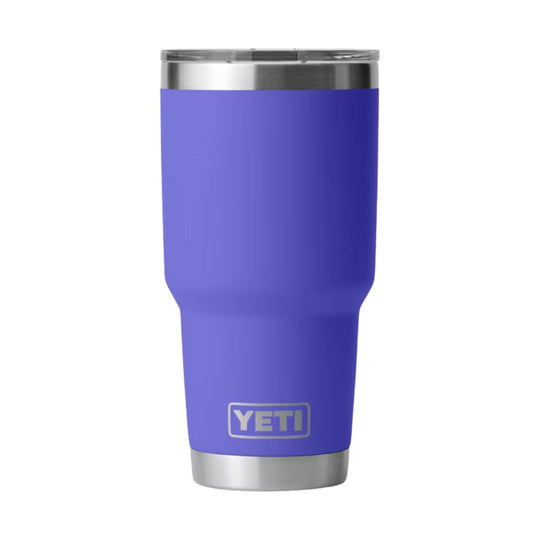 Purple stainless steel travel tumbler with a silver lid and base, shown front view