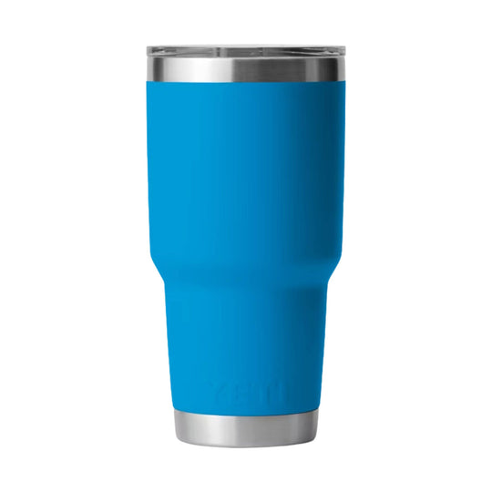 Blue stainless steel travel tumbler with a silver lid and base