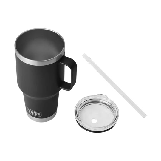 Black insulated tumbler with silver rim, handle, clear lid, and straw