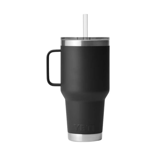 Black insulated tumbler with handle and clear straw