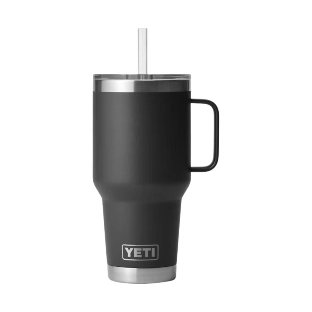 Black handled insulated tumbler with clear lid and straw