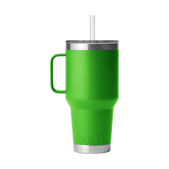 Green insulated tumbler with handle, clear straw lid, and metal base