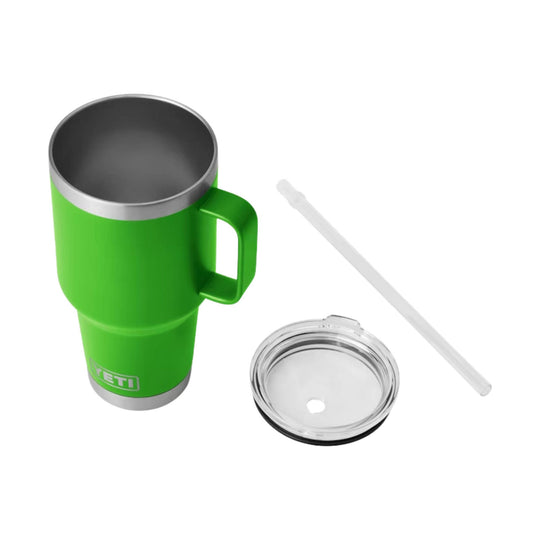 Green insulated tumbler with handle, clear lid, and straw