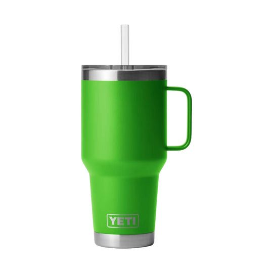 Green insulated tumbler with handle, clear straw, and silver lid and base ring