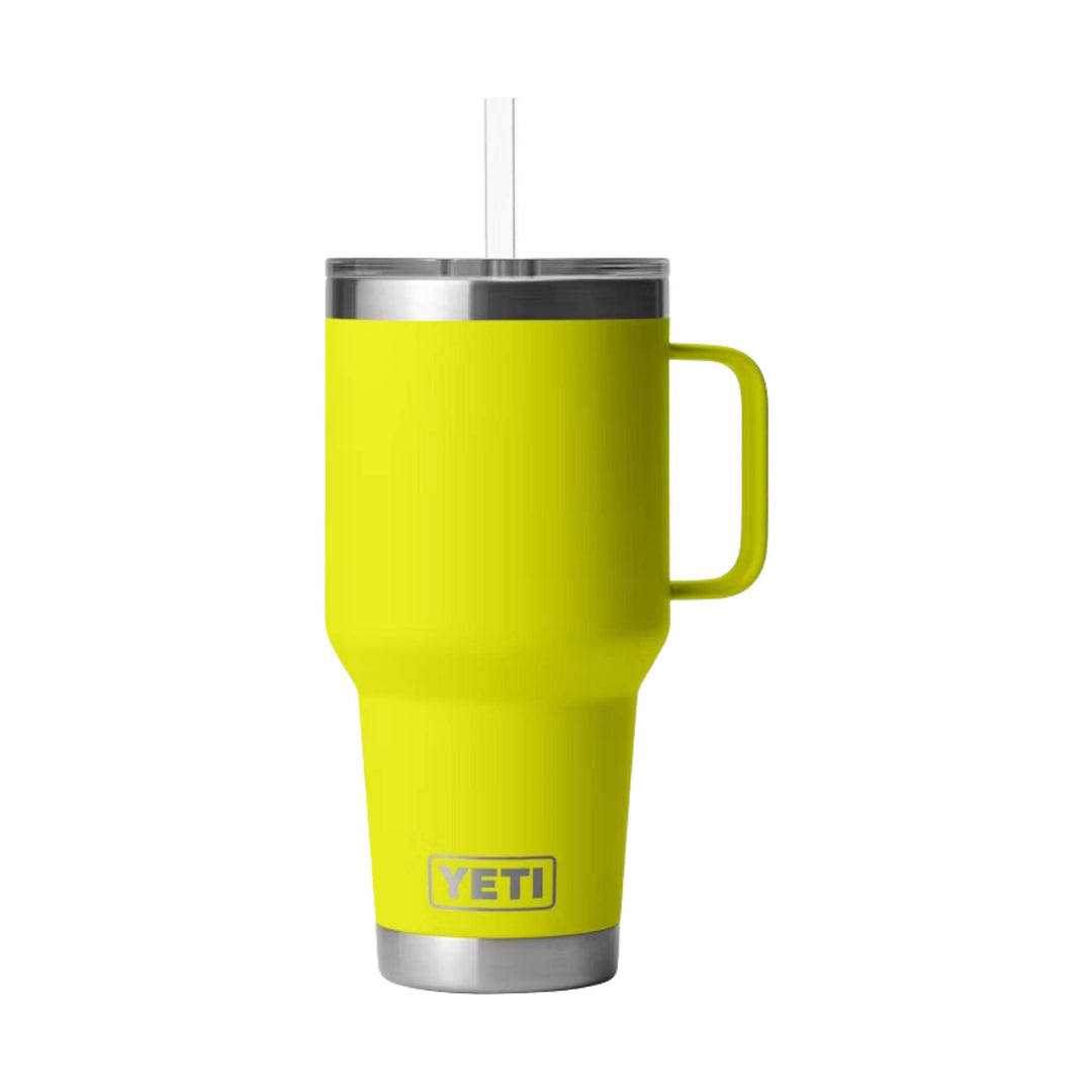 Yellow handled tumbler with a clear straw and stainless steel lid and base