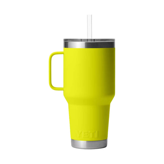 Bright yellow handled insulated tumbler with clear straw and stainless steel rim