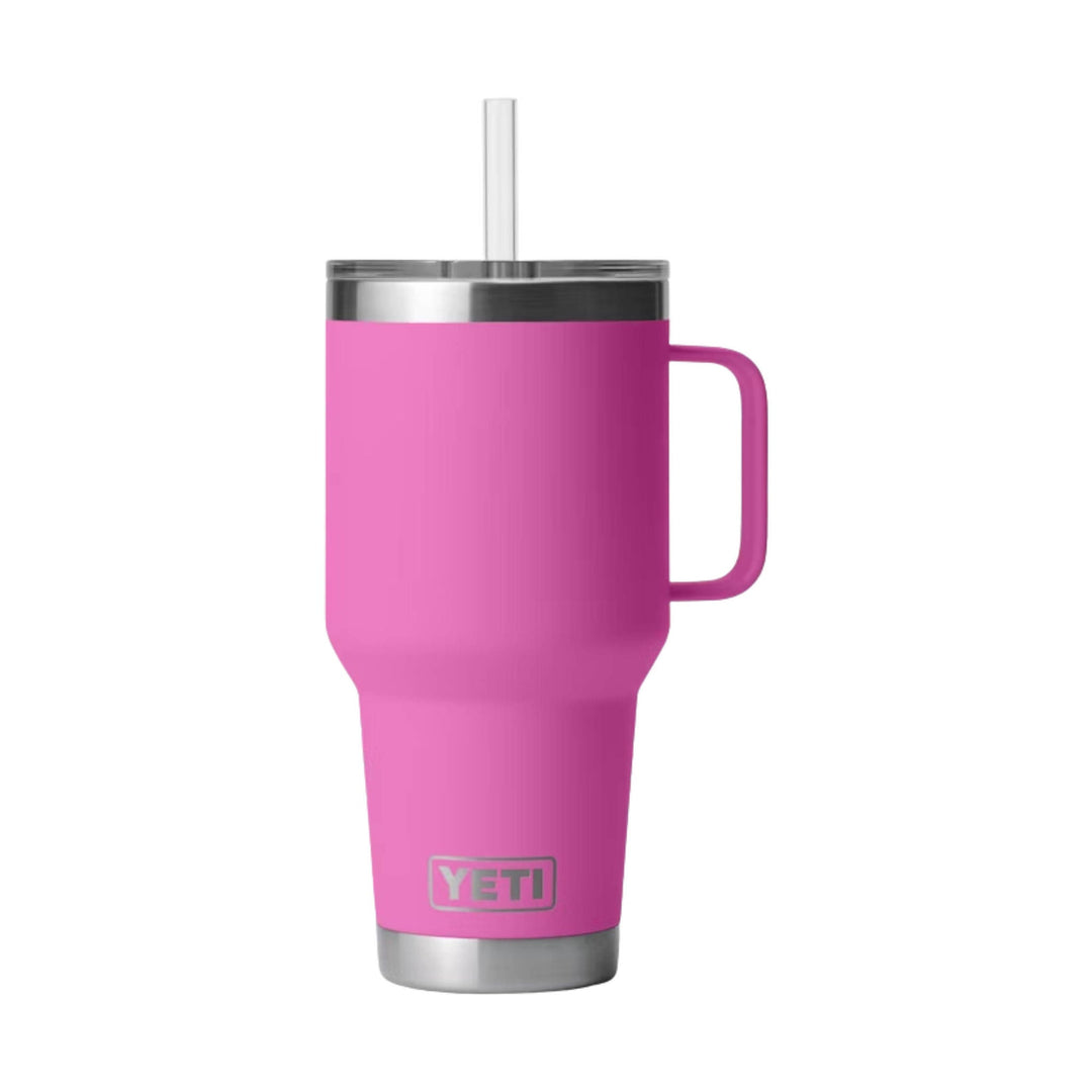 Bright pink insulated straw mug with handle and stainless steel lid