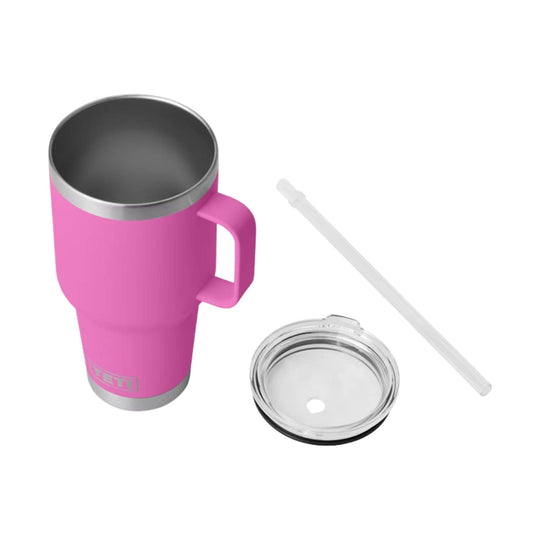 Pink insulated handled tumbler with stainless steel rim, clear lid, and reusable straw