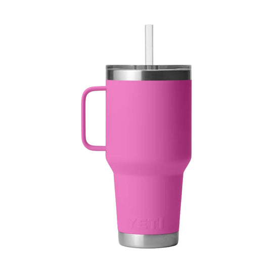 Pink insulated straw mug with handle, clear lid, and stainless steel base