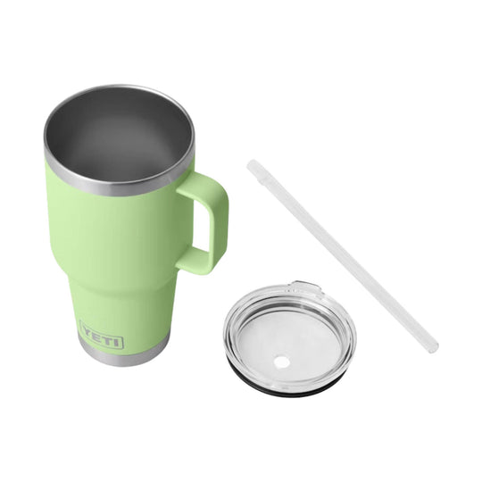 Light green insulated tumbler with handle, clear lid, and straw