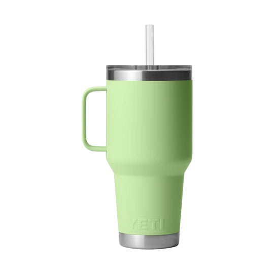 Light green handled tumbler with clear straw and stainless steel lid and base