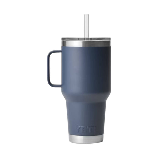 Navy insulated tumbler with handle, clear straw lid, and stainless steel base