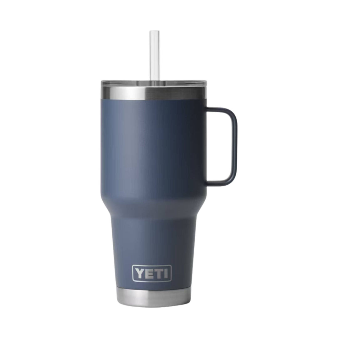 Navy insulated tumbler with handle, stainless rim, and clear straw