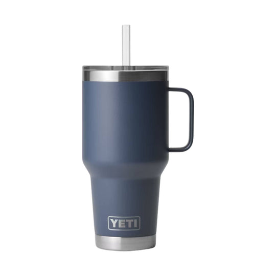 Navy insulated tumbler with handle, stainless rim, and clear straw