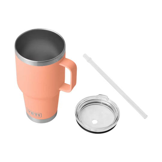 Peach insulated tumbler with handle, clear lid, and straw