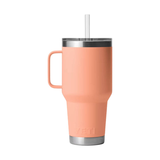 Peach insulated tumbler with handle, clear straw, and stainless steel rim and base
