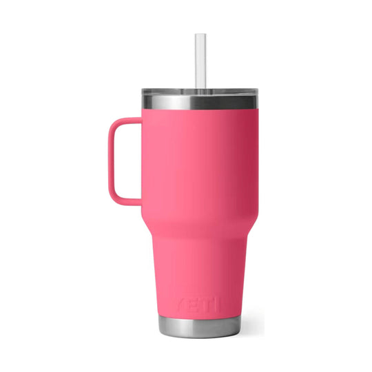 Pink insulated tumbler with handle, clear straw, and stainless steel rim