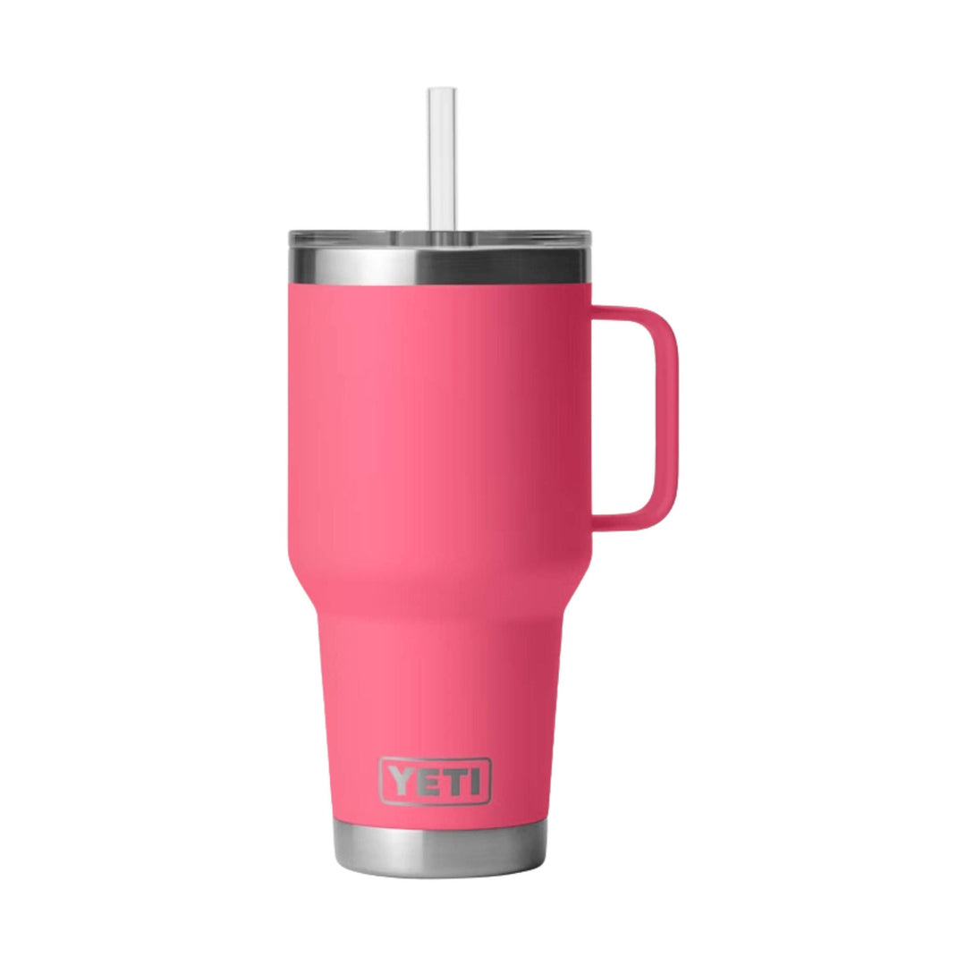 Pink insulated tumbler with handle, lid, and straw
