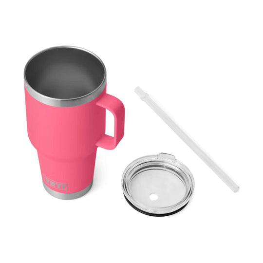 Pink insulated tumbler with handle, clear lid, and straw