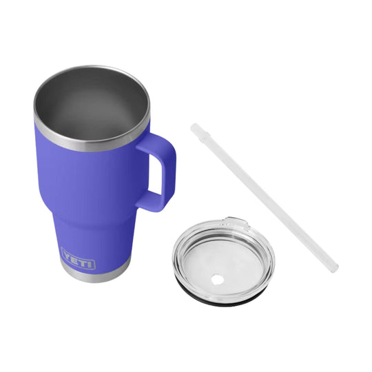 Purple insulated mug with handle, clear lid, and straw