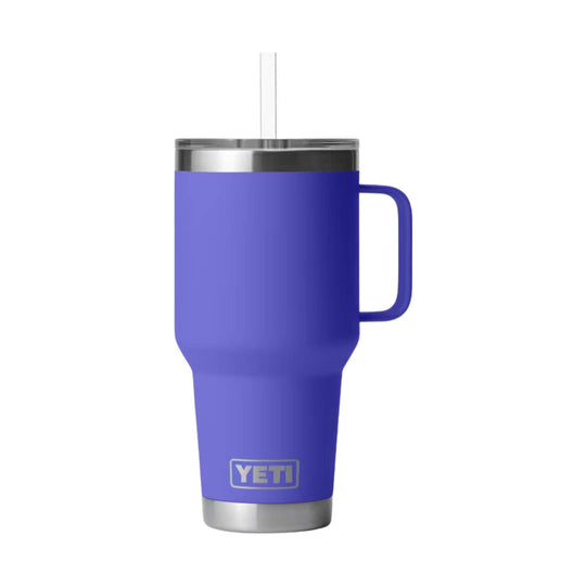 Purple handled travel mug with stainless steel lid and clear straw
