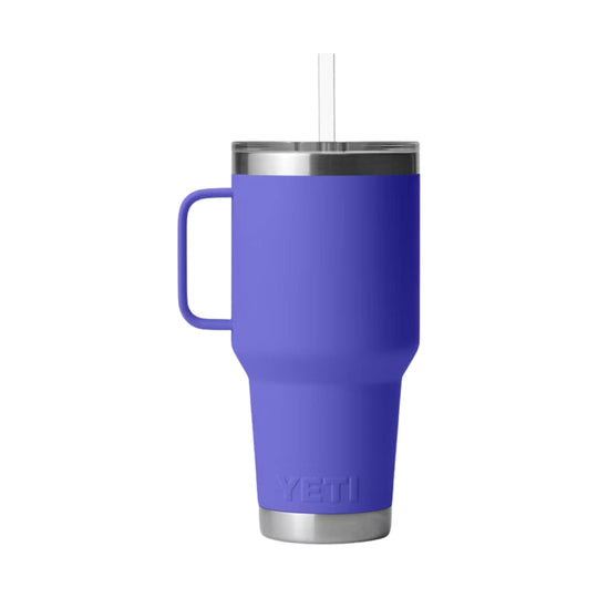 Purple insulated tumbler with handle, clear straw, and embossed YETI text