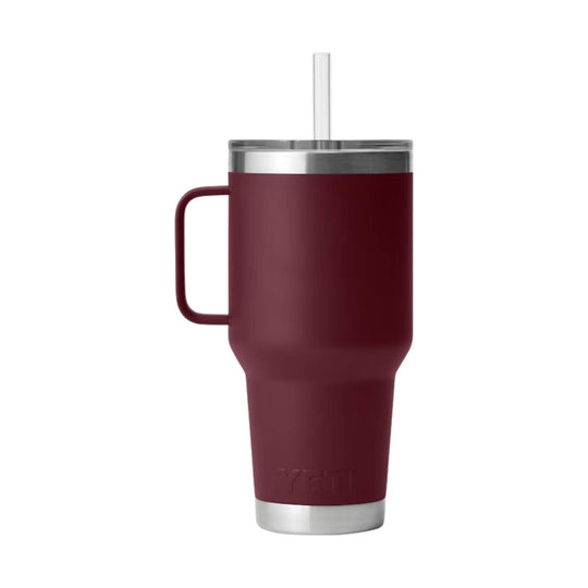 Burgundy insulated straw mug with handle, stainless steel rim, and clear straw