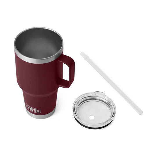 Maroon insulated travel mug with a handle, clear lid, and straw