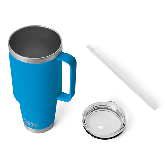 Blue insulated tumbler with handle, clear lid, and white straw