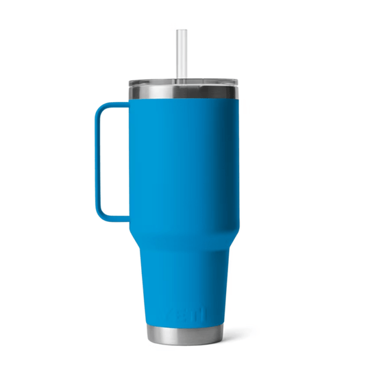 Blue handled stainless steel straw mug with clear lid and straw
