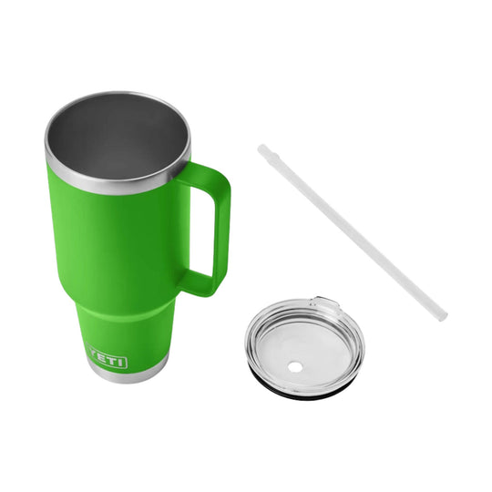 Green insulated tumbler with handle, clear lid, and white straw